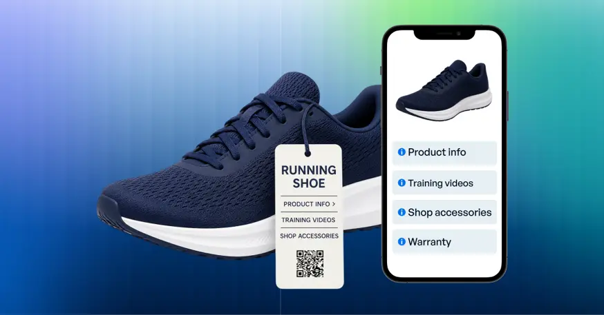 Digital Product Passport for a running shoe displayed on smartphones with product information, training videos, accessories, and warranty details.