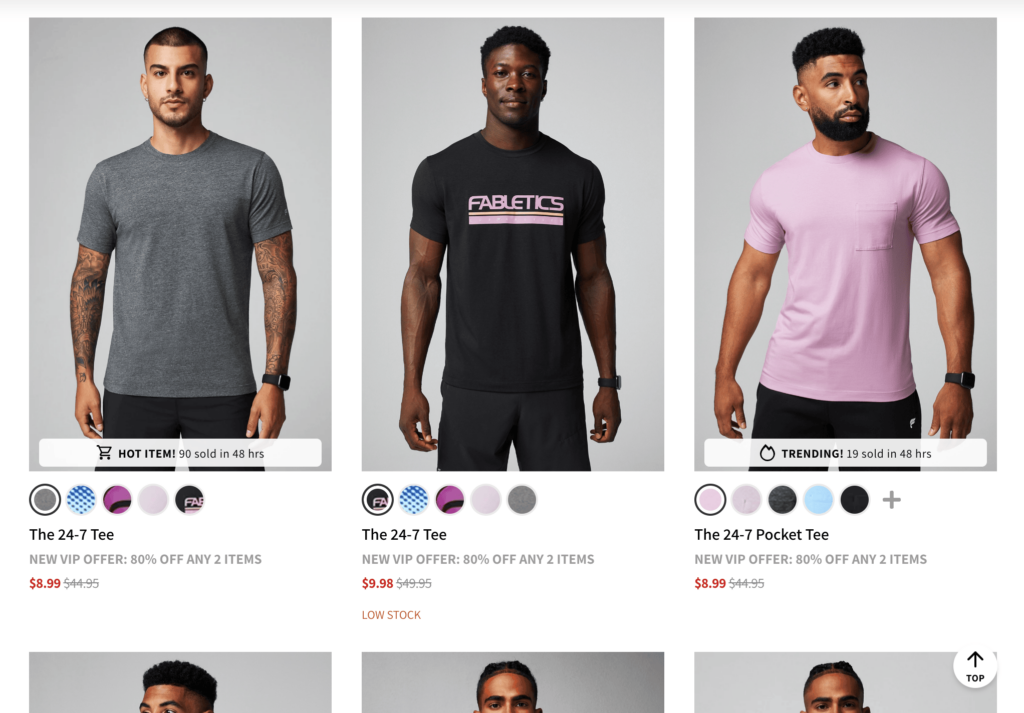 Fabletics product listings page t-shirts