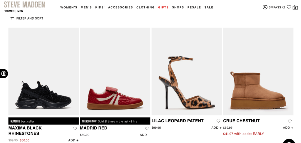 Steve Madden product list page