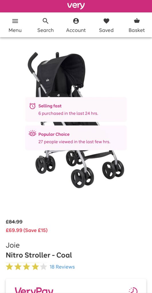 The Very Group social proof messaging