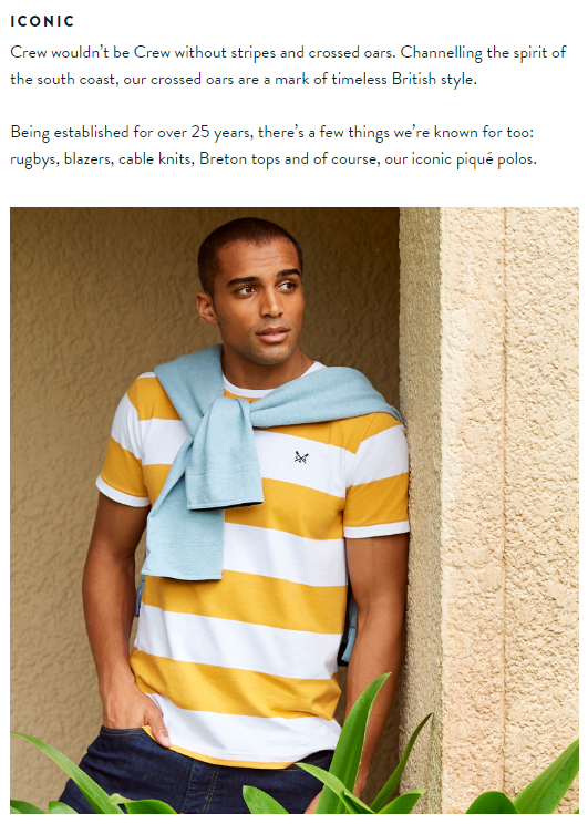 Crew Clothing using their years of experience as a form of social proof to increase credibility